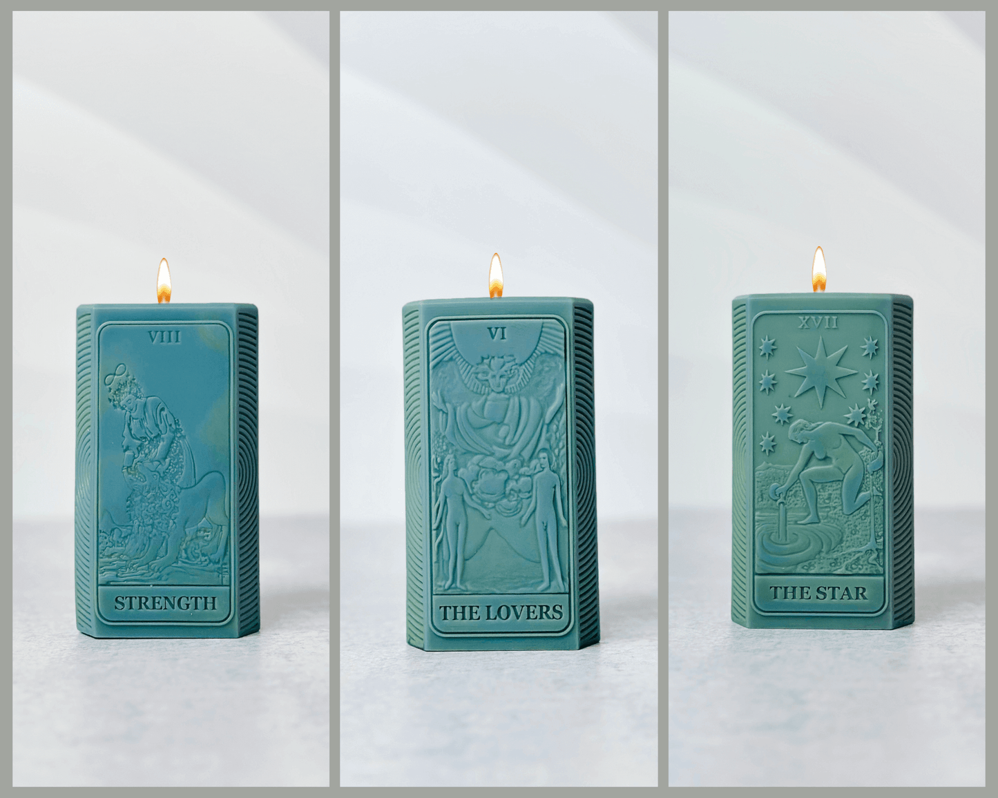 Three teal spiritual candles featuring tarot card designs: Strength, The Lovers, and The Star.