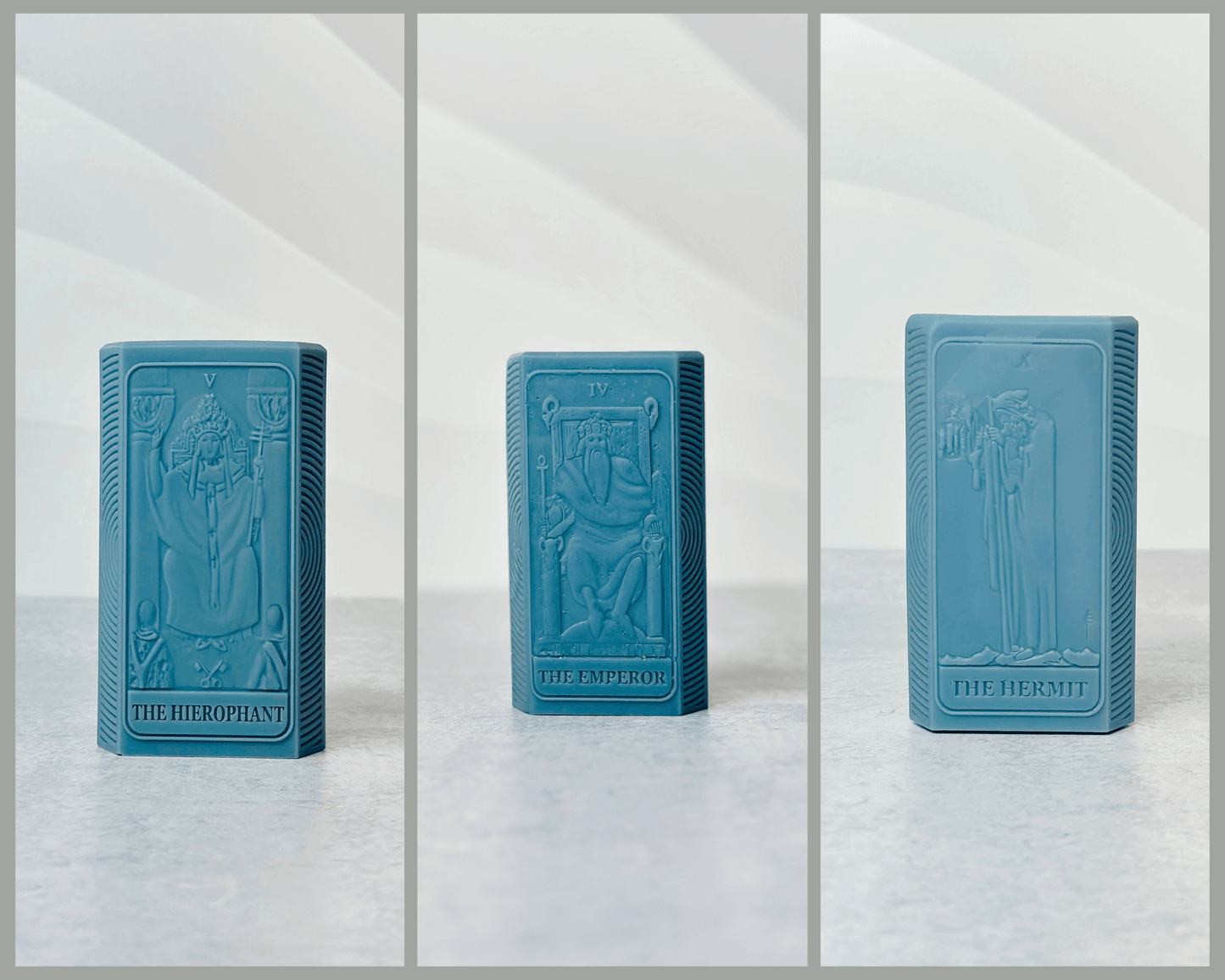 Blue silicone tarot molds of The Hierophant, The Emperor, and The Hermit from the Major Arcane Tarot set.