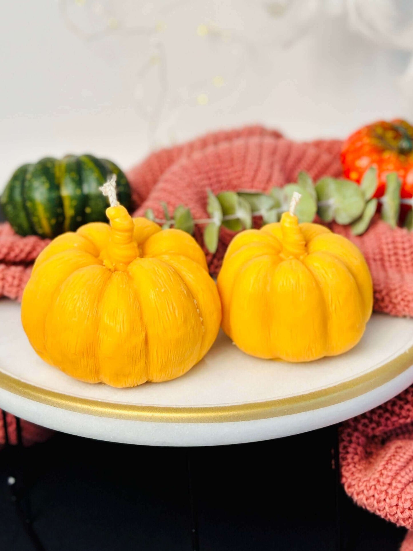 Halloween Silicone Mold, Diy Pumpkin Shape Candle Mold , XLarge - Yellow pumpkin-shaped candle on a plate.