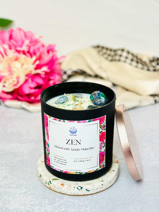 Zen soy candle with Azurite Malachite crystal