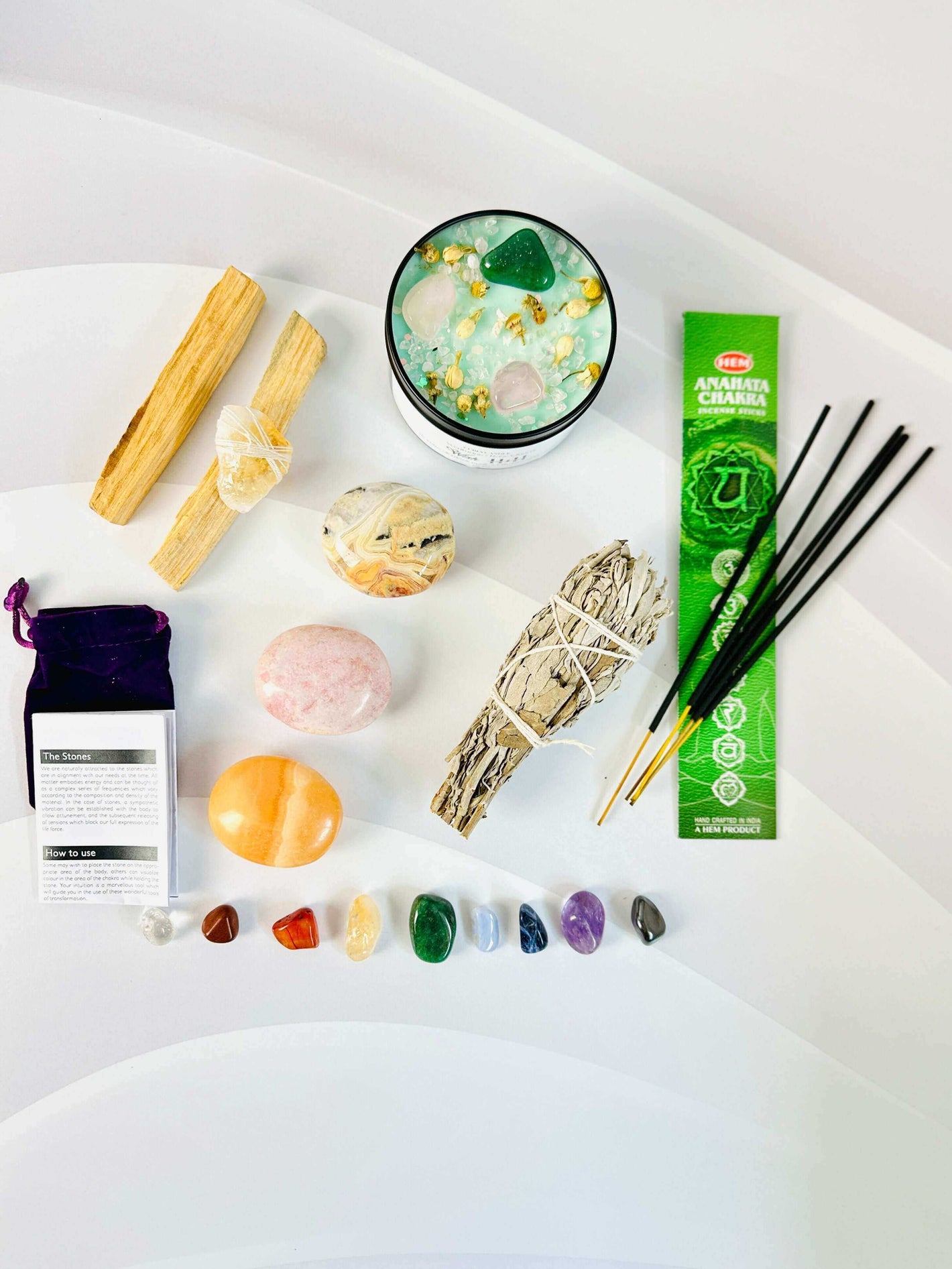 Chakra Balancing Gift Box Set with soy candle, sage, palo santo, crystals, and storage bag for meditation and cleansing.