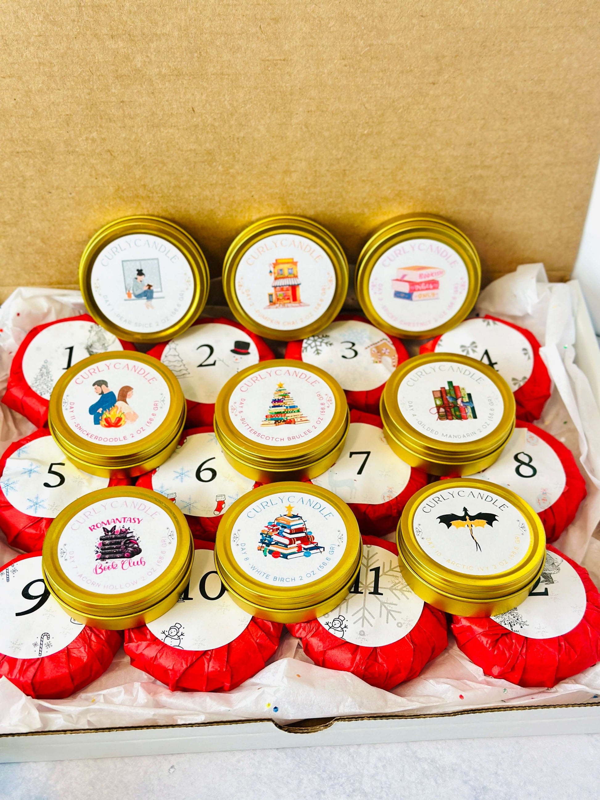 Bookish Candles Advent Calendar with gold tins and numbered candle labels for a festive holiday experience.