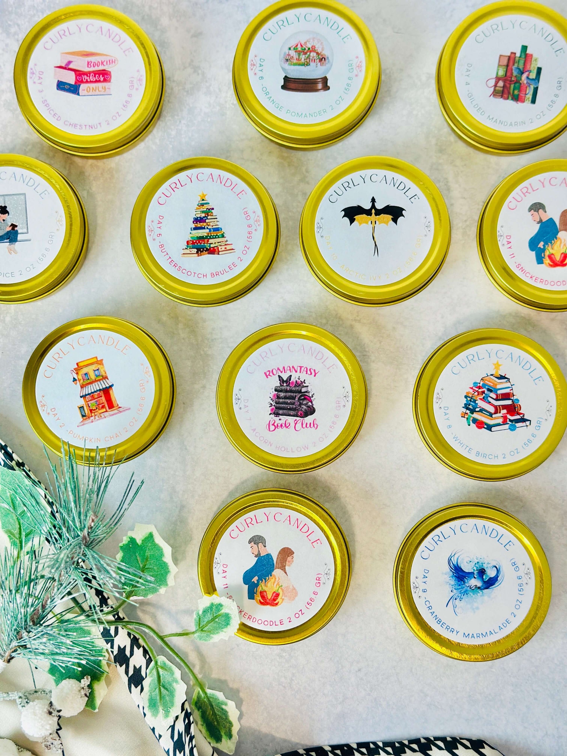 Bookish Candles Advent Calendar featuring 12 unique scented candles in gold tins for festive celebrations.