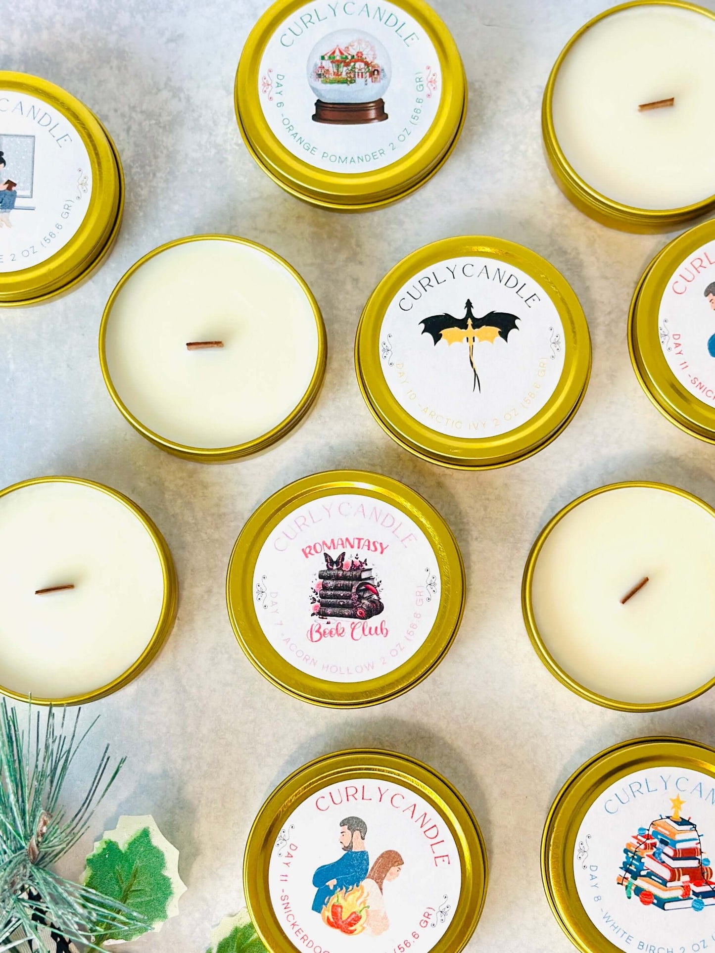 Bookish candles advent calendar in gold tins, showcasing unique scents for a festive holiday experience.