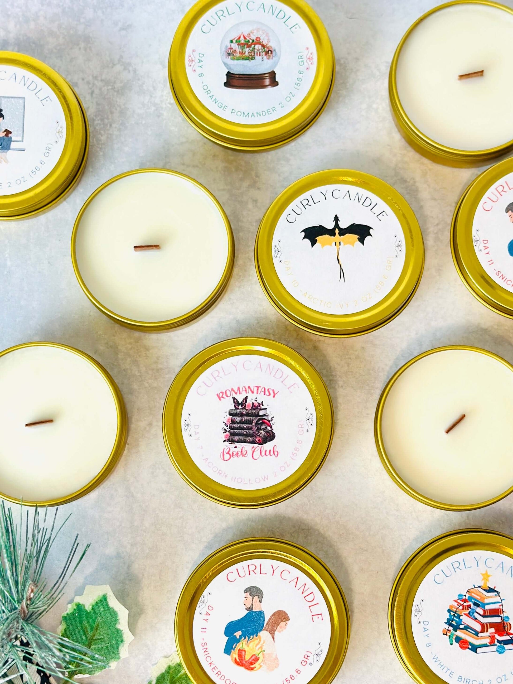 Bookish candles advent calendar in gold tins, showcasing unique scents for a festive holiday experience.