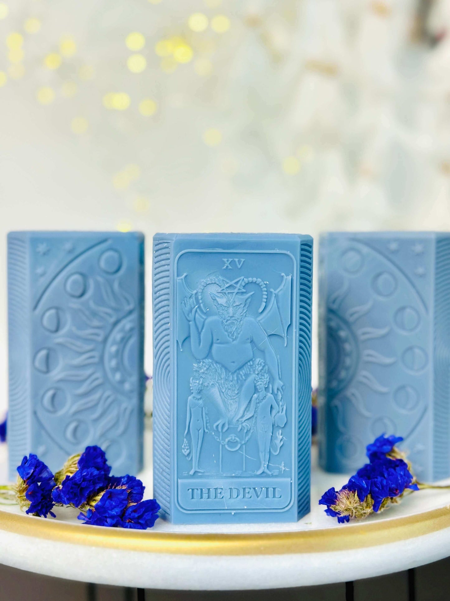 Devil tarot card silicone mold with moon phases design, perfect for crafting spiritual candles.