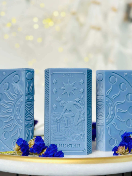 Star tarot card silicone mold showcasing blue candles with moon phases design and spiritual motifs.