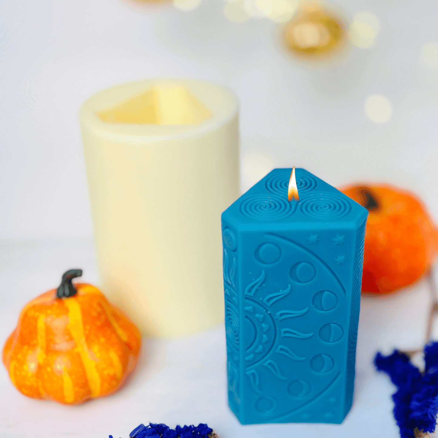 Justice tarot card candle mold creating a stunning blue candle with Justice tarot card design.