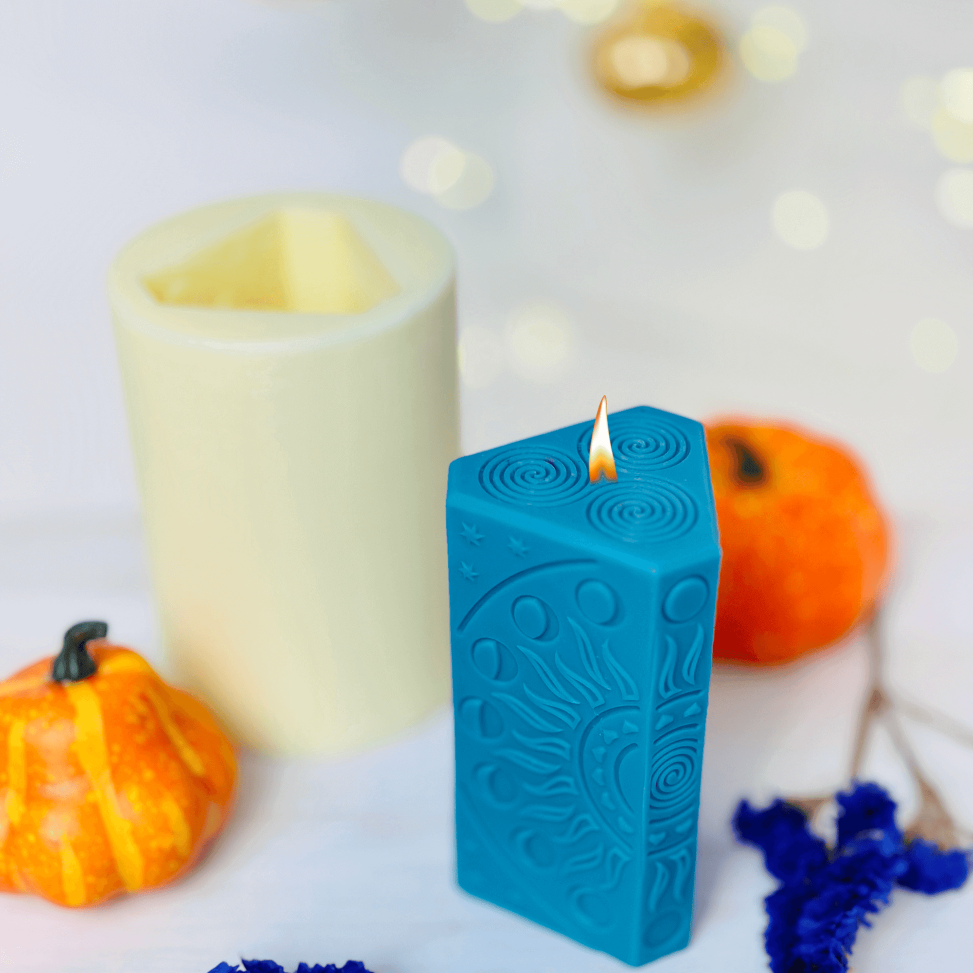 Justice tarot card candle mold creating a stunning blue candle with Justice tarot card design.