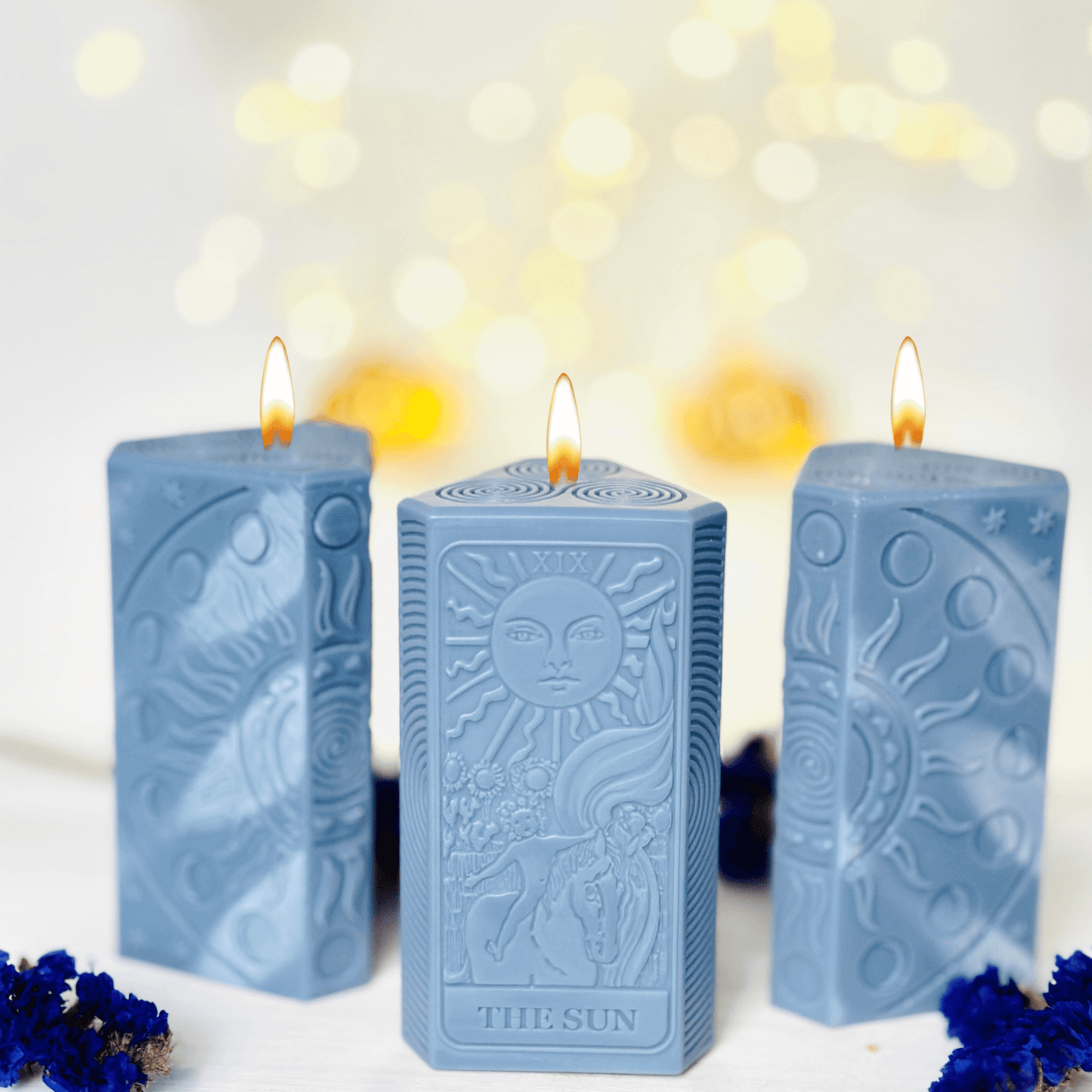 Sun tarot card candle mold featuring detailed design of The Sun in a serene setting.