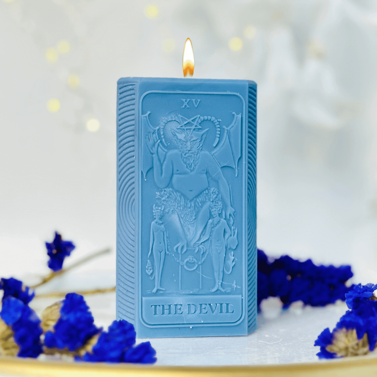 Devil tarot card silicone mold with moon phases design, perfect for crafting spiritual candles.