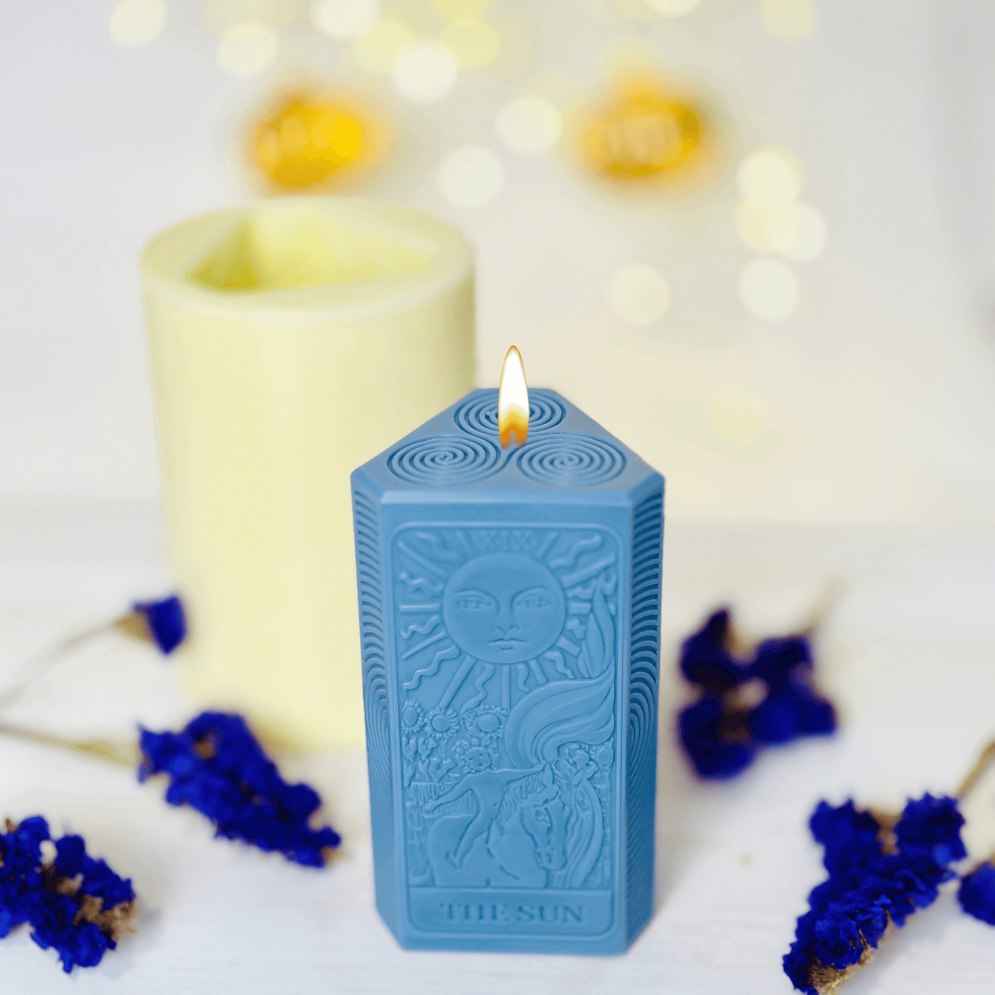Sun tarot card candle mold featuring detailed design of The Sun in a serene setting.