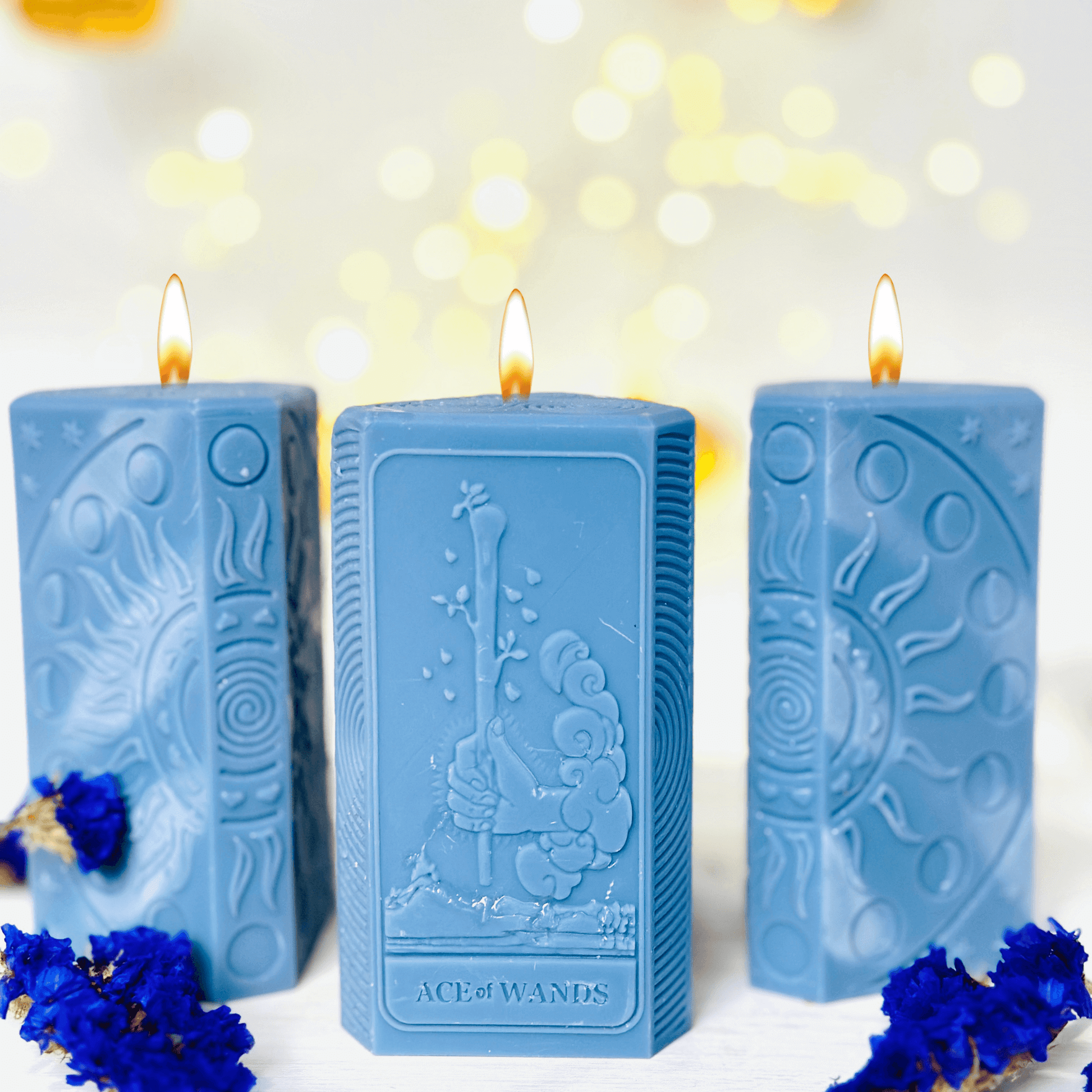 Ace of Wands tarot candle mold, blue candles featuring The Ace of Wands design, spiritual candle creation.