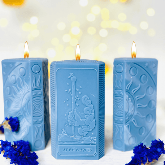 Ace of Wands tarot candle mold, blue candles featuring The Ace of Wands design, spiritual candle creation.