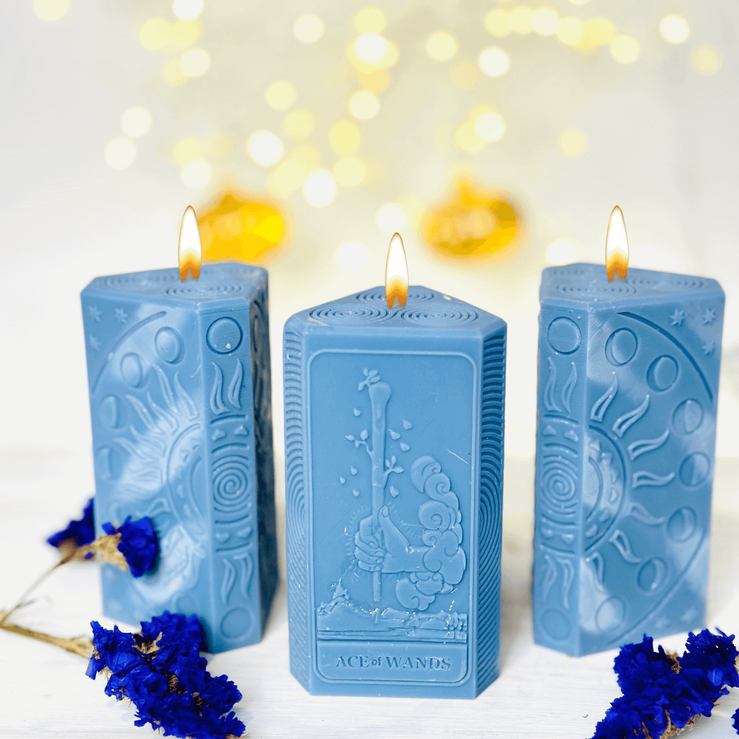 Ace of Wands tarot candle mold, blue candles featuring The Ace of Wands design, spiritual candle creation.