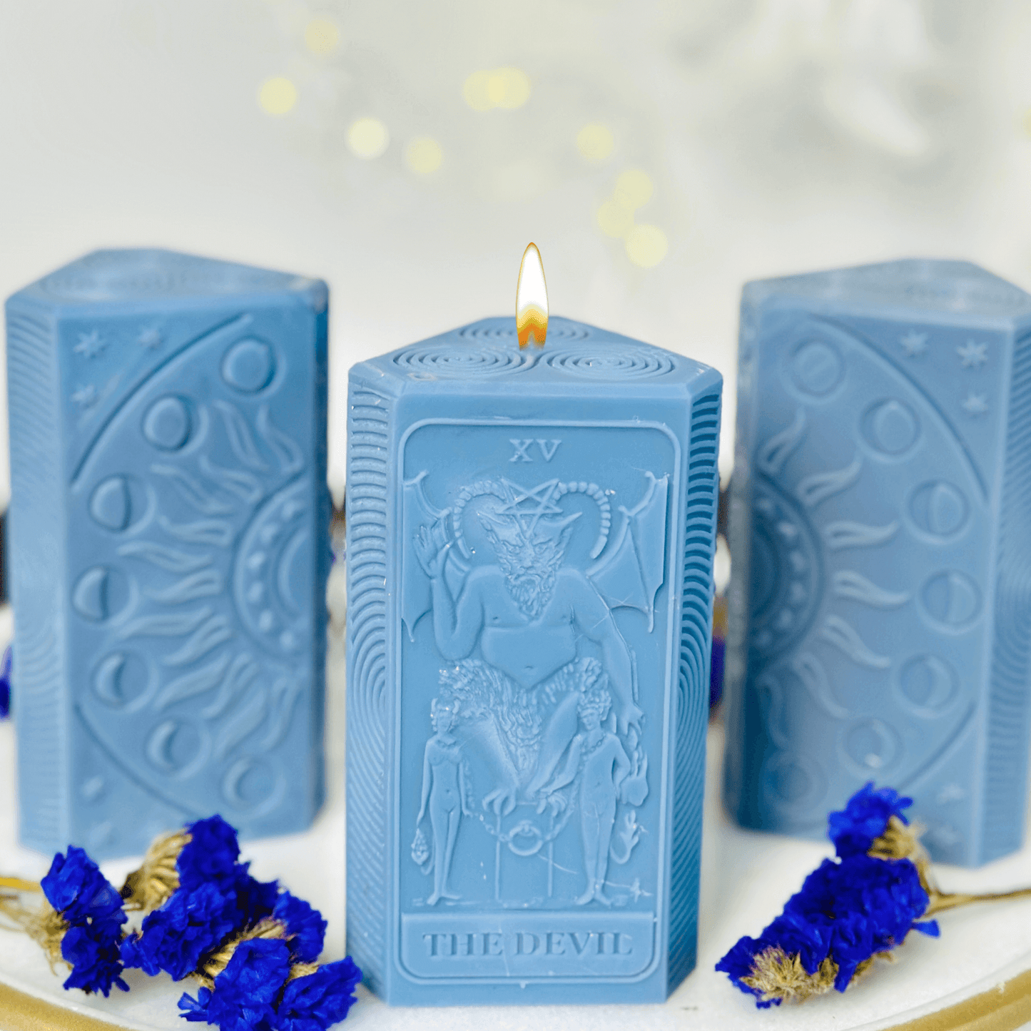 Devil tarot card silicone mold with moon phases design, perfect for crafting spiritual candles.