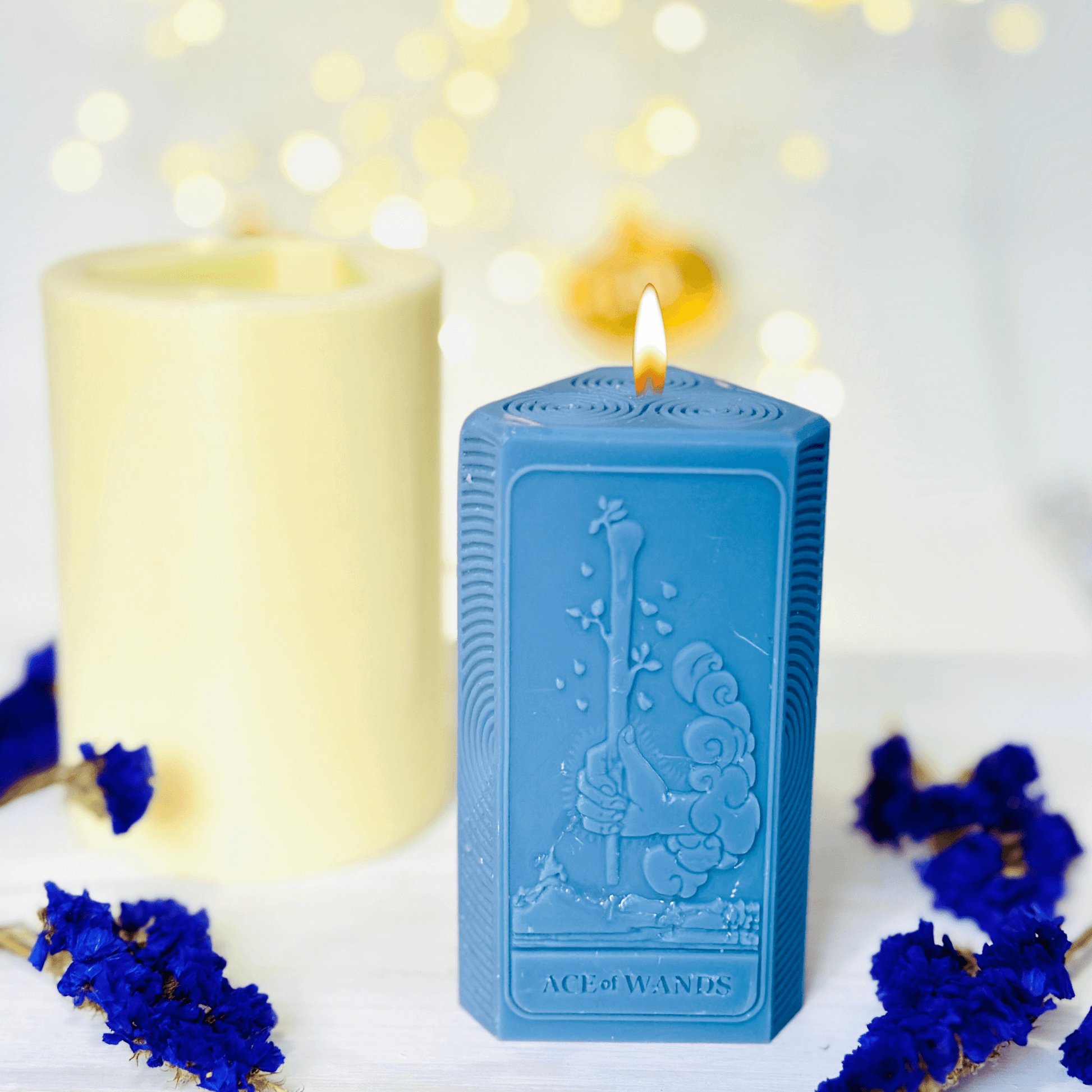 Ace of Wands tarot candle mold, blue candles featuring The Ace of Wands design, spiritual candle creation.
