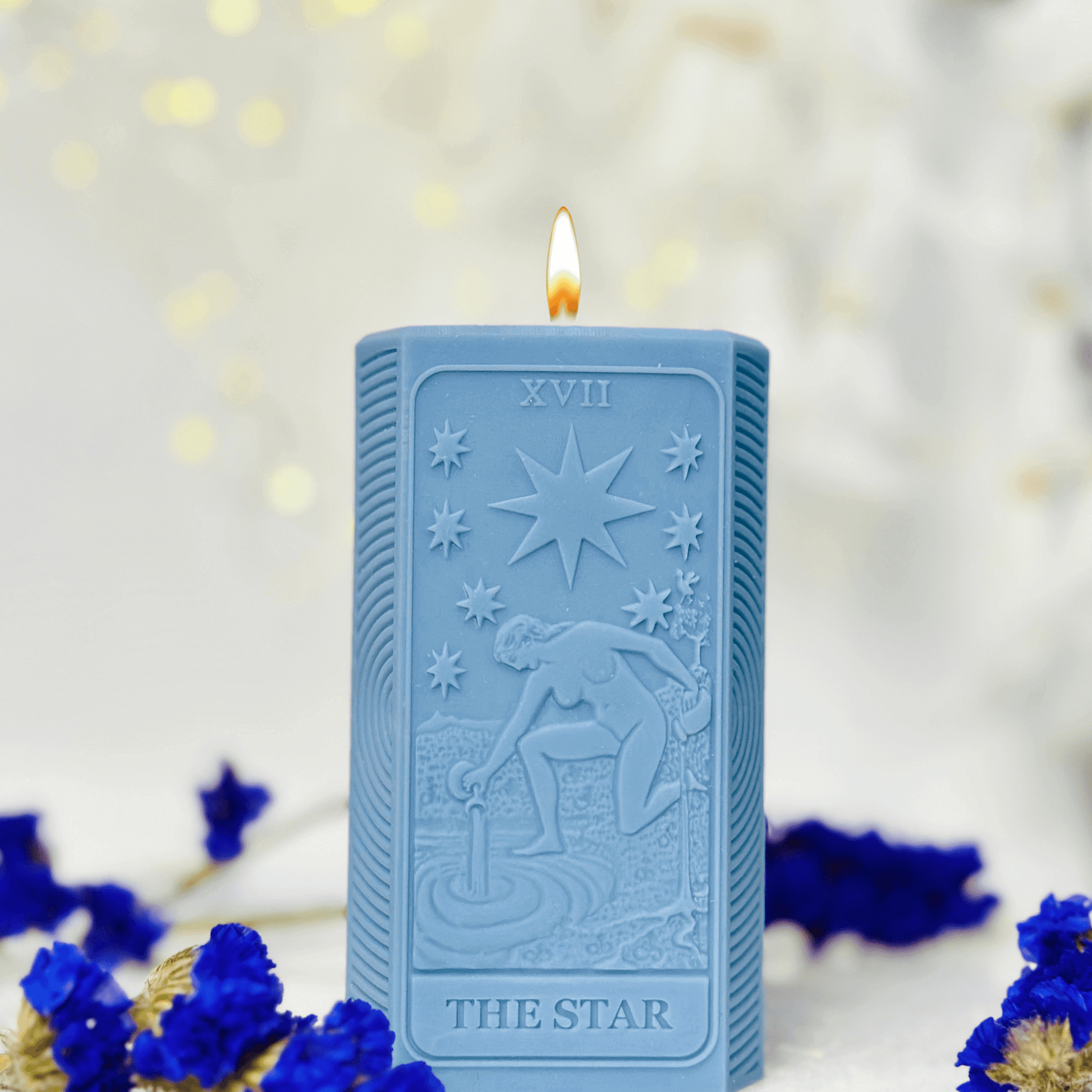 Star tarot card silicone mold showcasing blue candles with moon phases design and spiritual motifs.