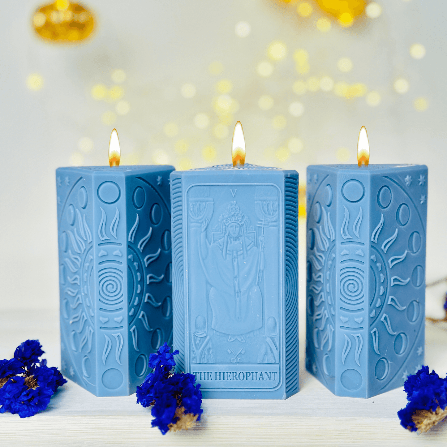 Hierophant candle mold used to create blue spiritual candles featuring the tarot card design.