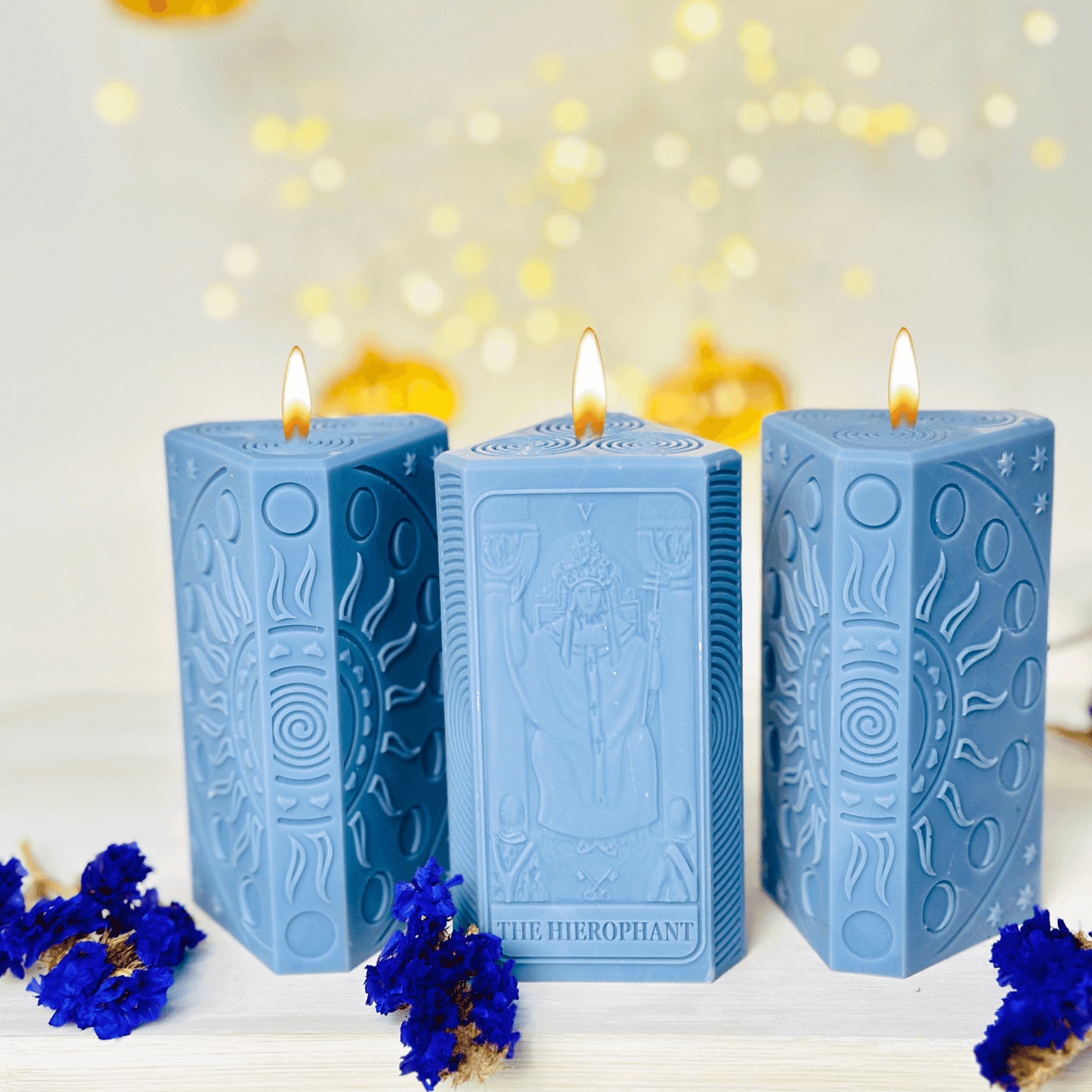 Hierophant candle mold used to create blue spiritual candles featuring the tarot card design.
