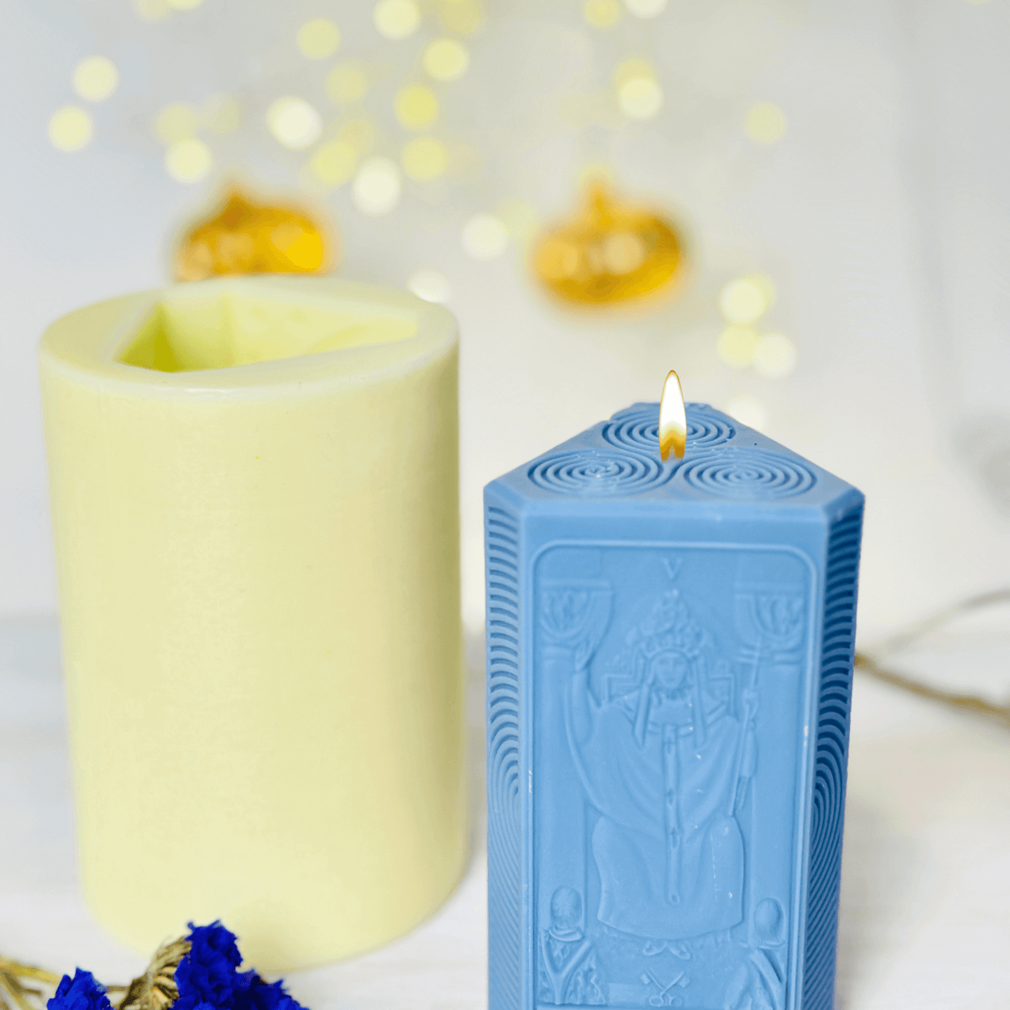 Hierophant candle mold used to create blue spiritual candles featuring the tarot card design.