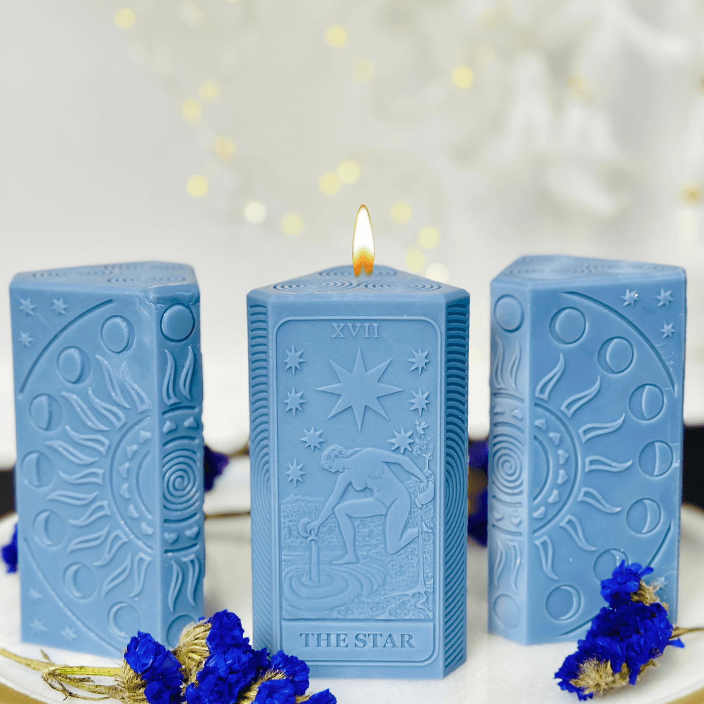 Star tarot card silicone mold showcasing blue candles with moon phases design and spiritual motifs.