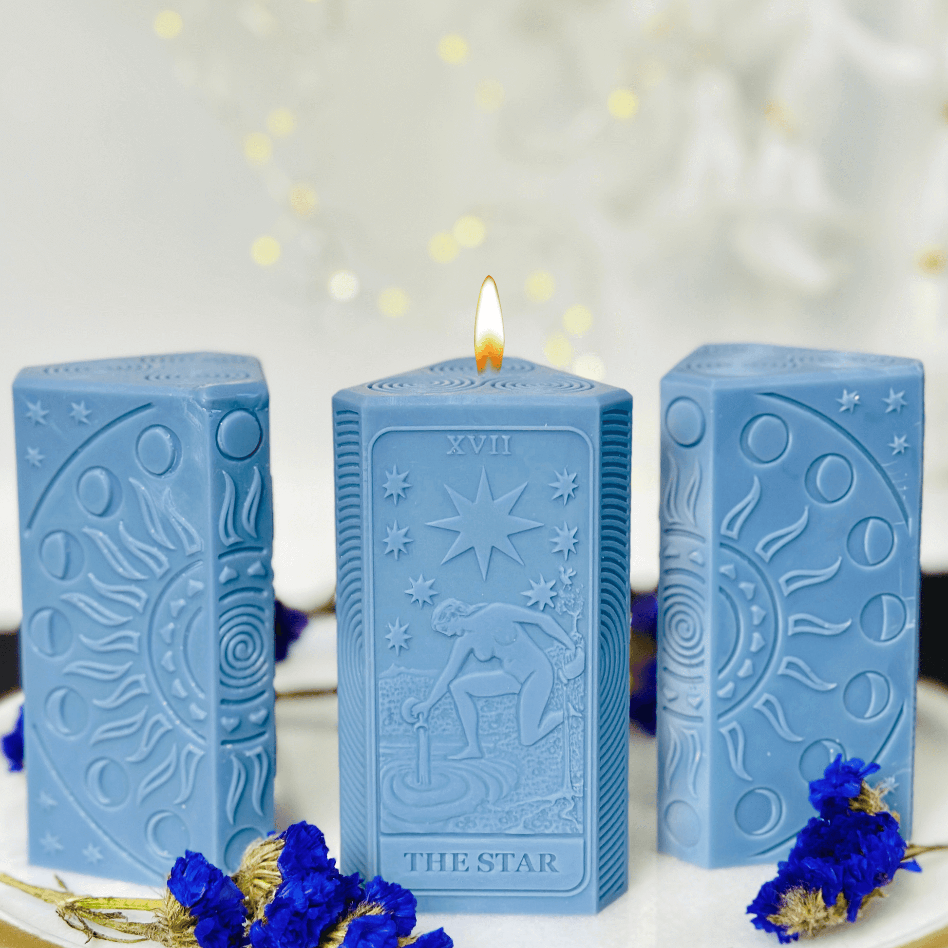 Star tarot card silicone mold showcasing blue candles with moon phases design and spiritual motifs.