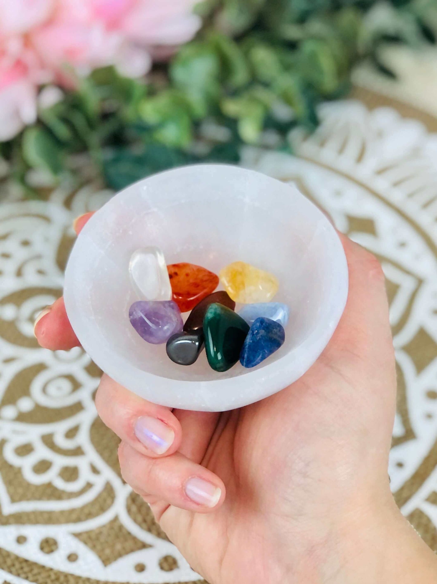 Selenite bowl + 7 chakra stone set