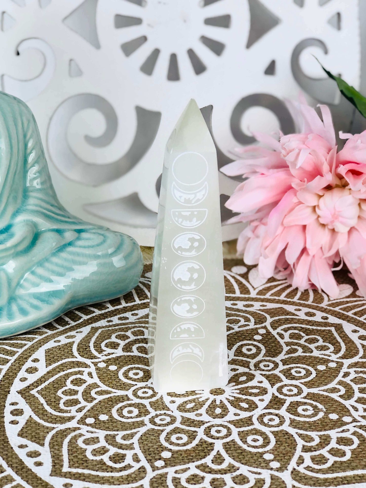Selenite Tower Engraved with Moon Phase
