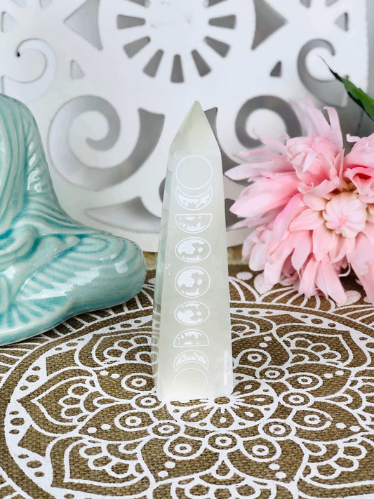 Selenite Tower Engraved with Moon Phase