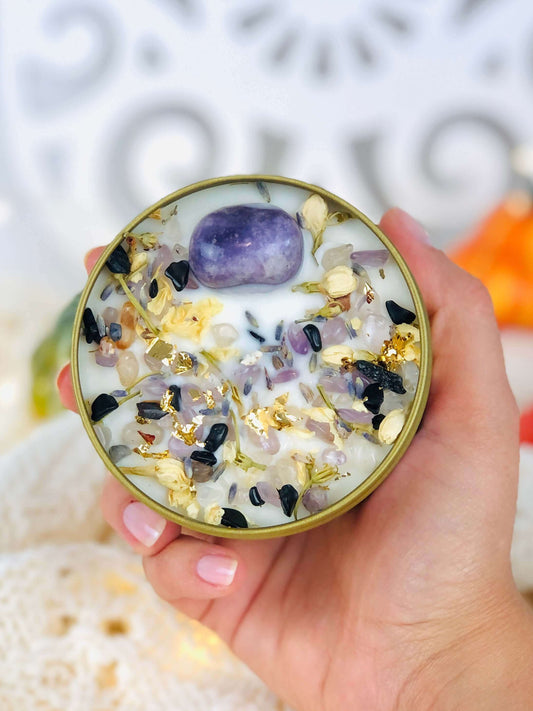 NEW - Fall Intention Crystal Candle With Lepidolite & Herbs