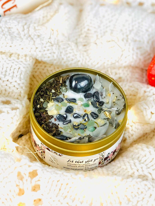Fall Candles , Let That Shit Go - Crystal and Herb Intention candle