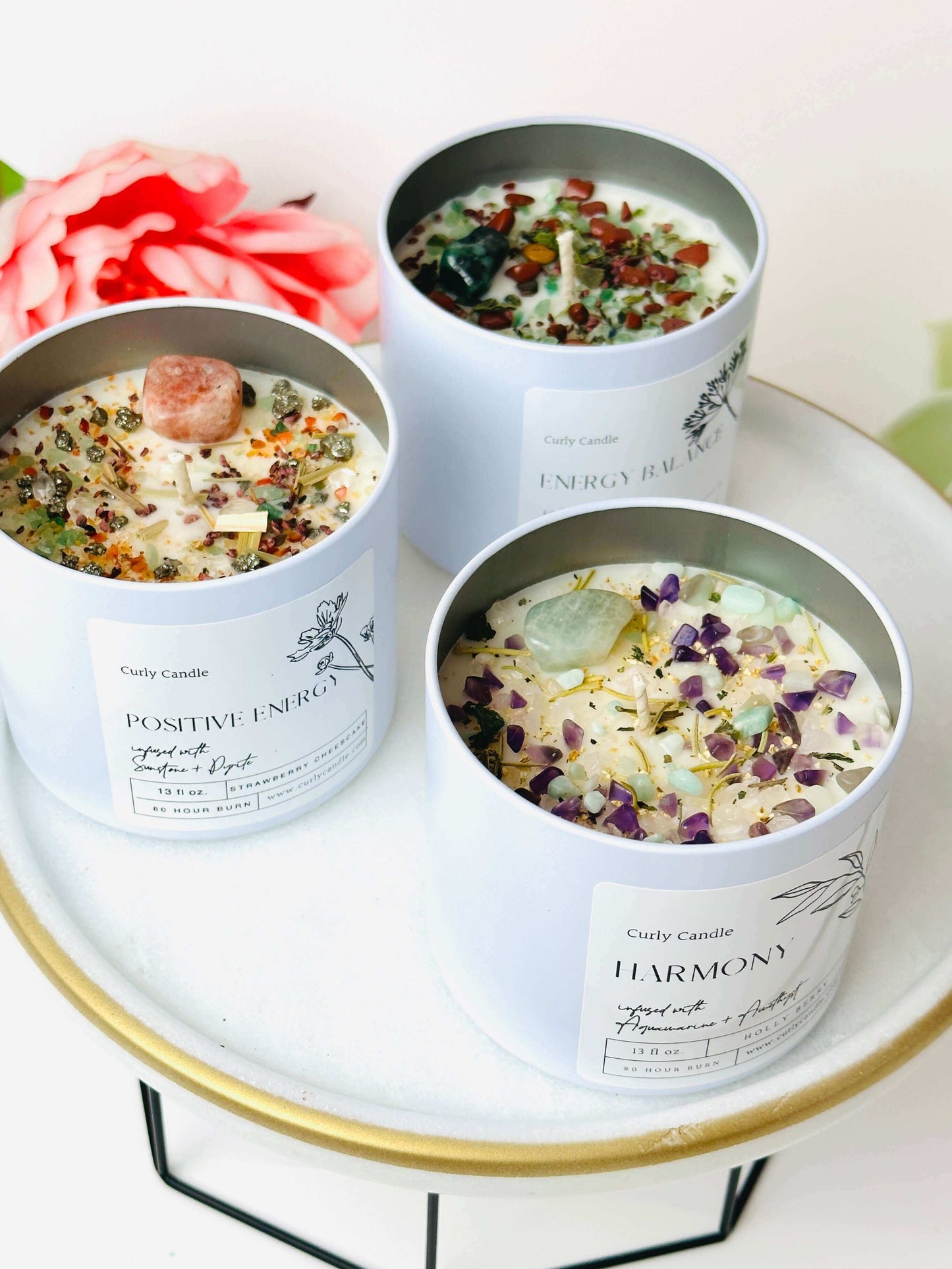 Intention crystal candles, Large Soy candle with herbs and crystals
