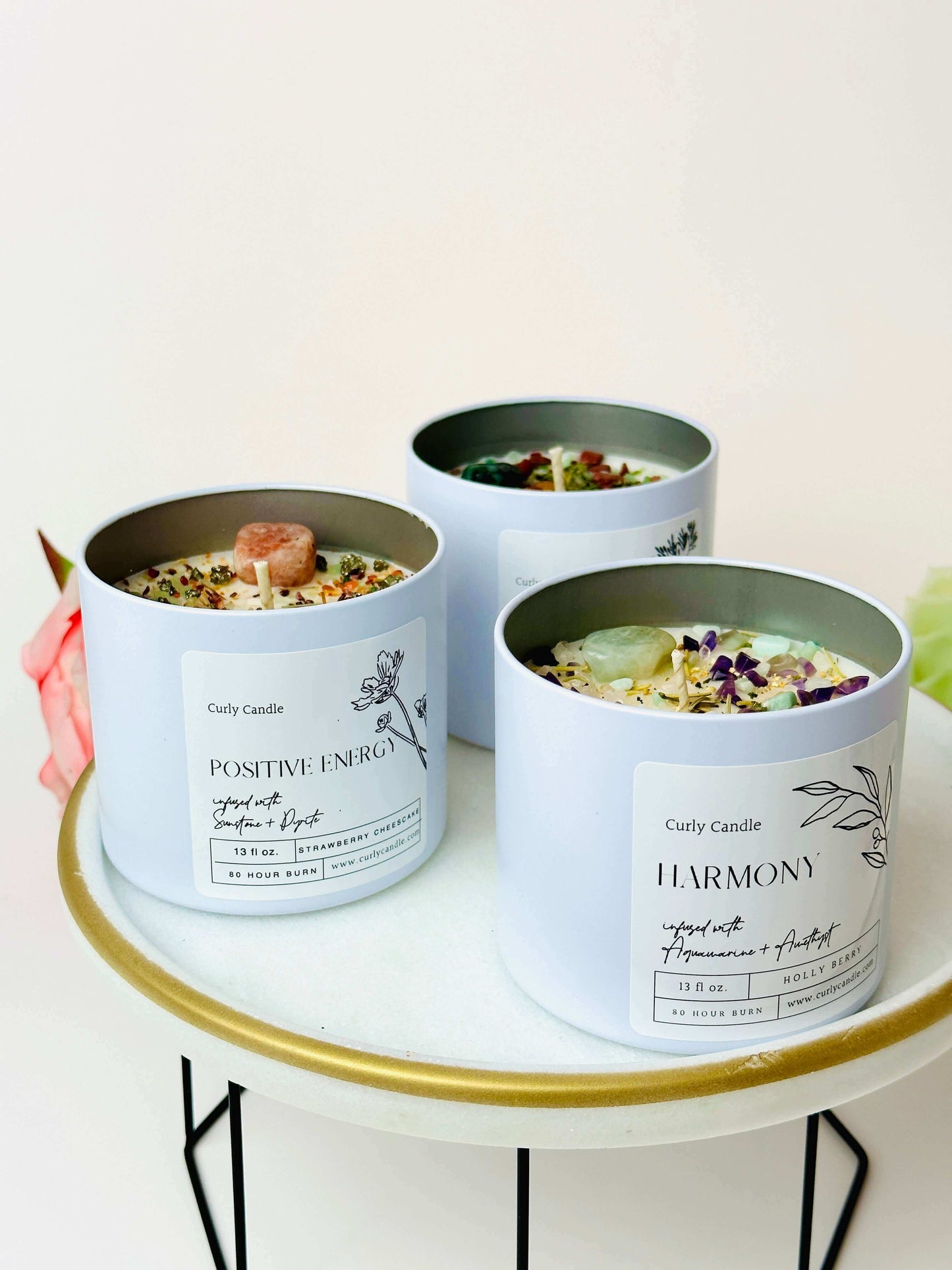 Intention crystal candles, Large Soy candle with herbs and crystals