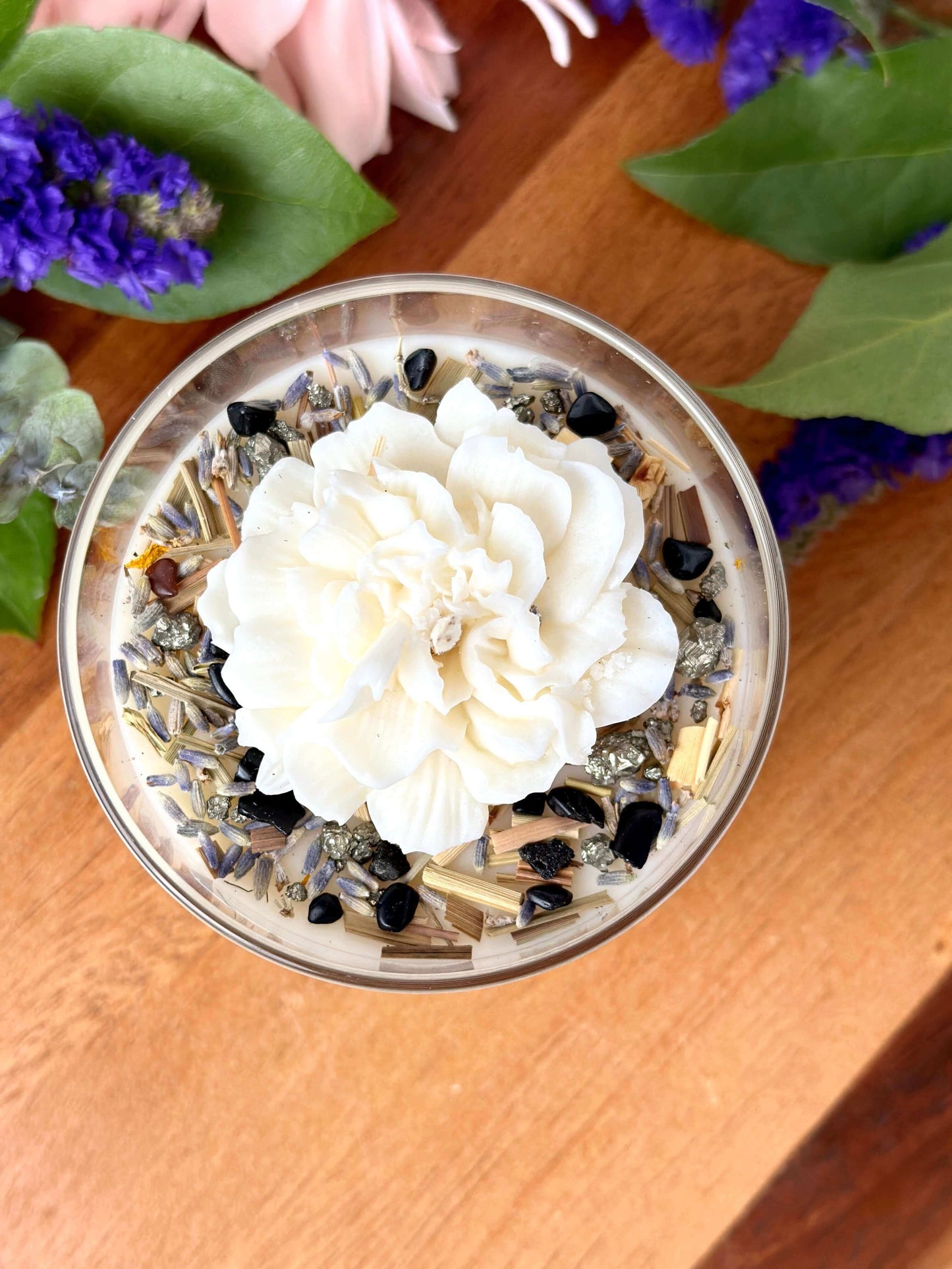 Intention candle with herbs & crystals