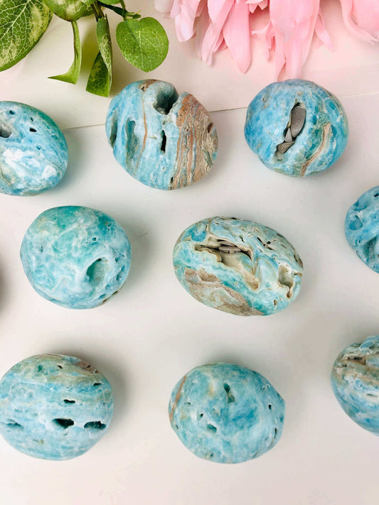 Large blue aragonite palm stone