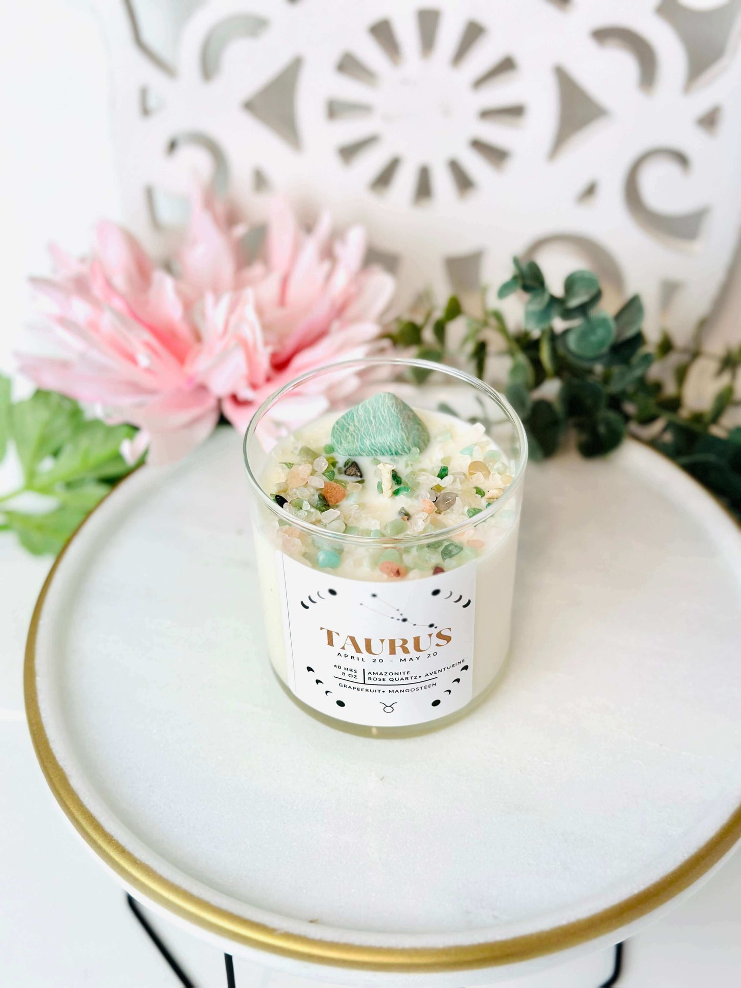 Taurus Zodiac Intention Amazonite & Aventurine Crystal Infused Candle