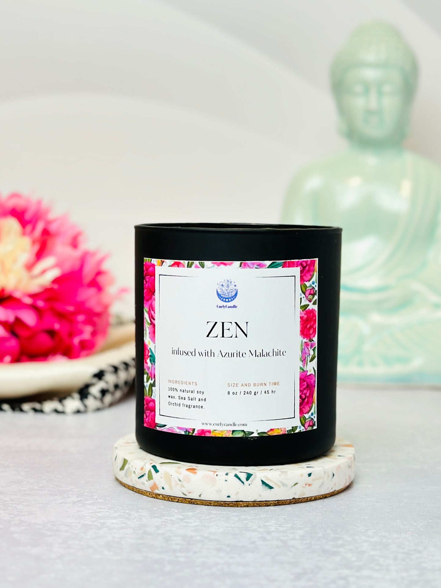 Zen soy candle with Azurite Malachite crystal