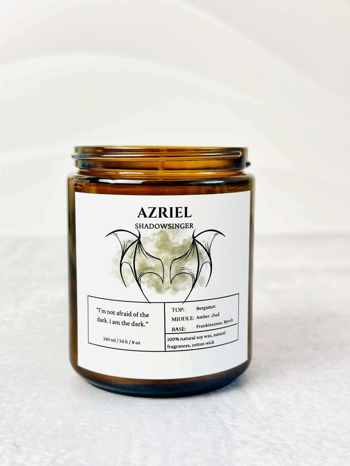 Close-up of the Azriel candle's label featuring a dark and mysterious design