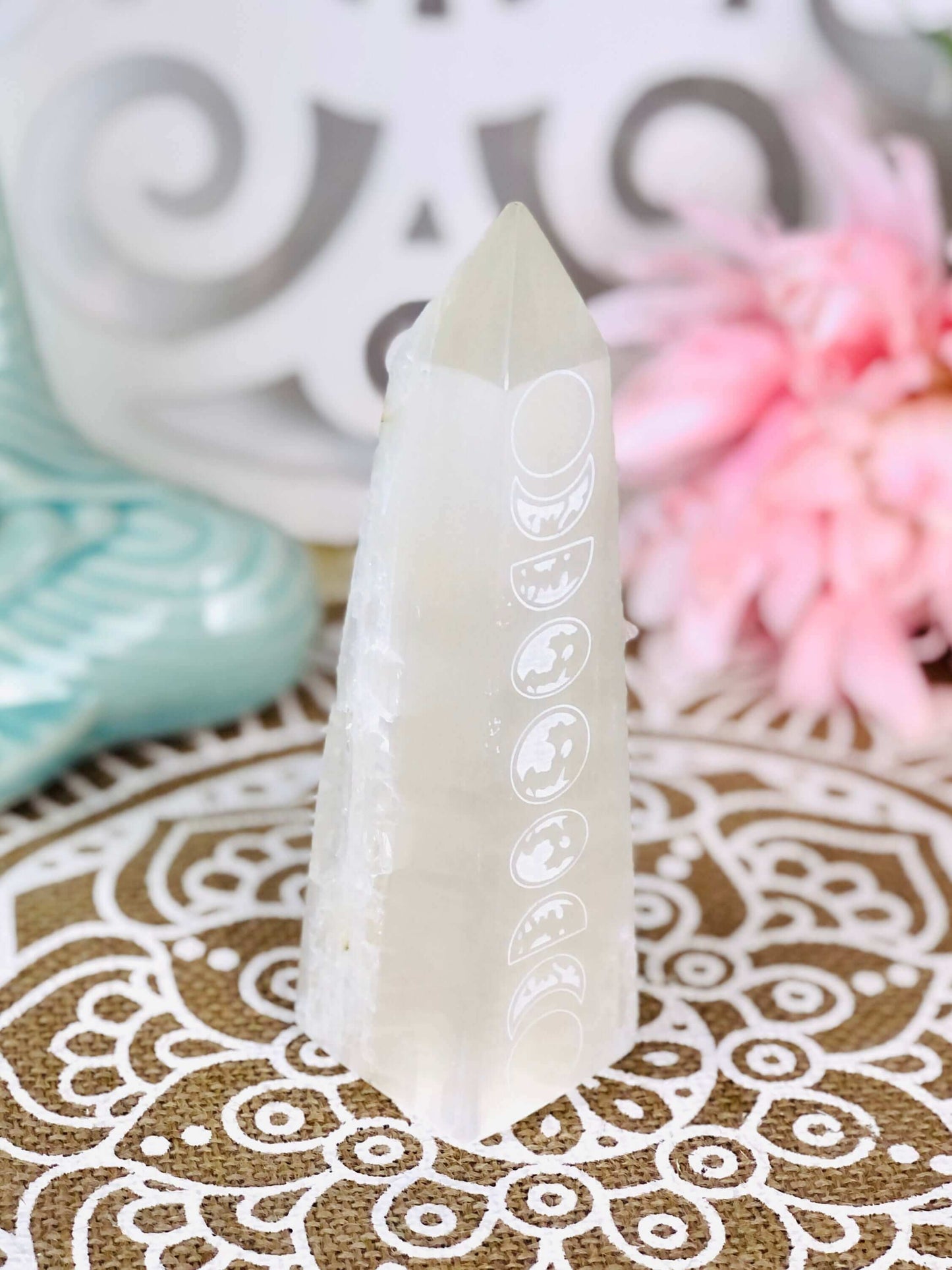 Selenite Tower Engraved with Moon Phase