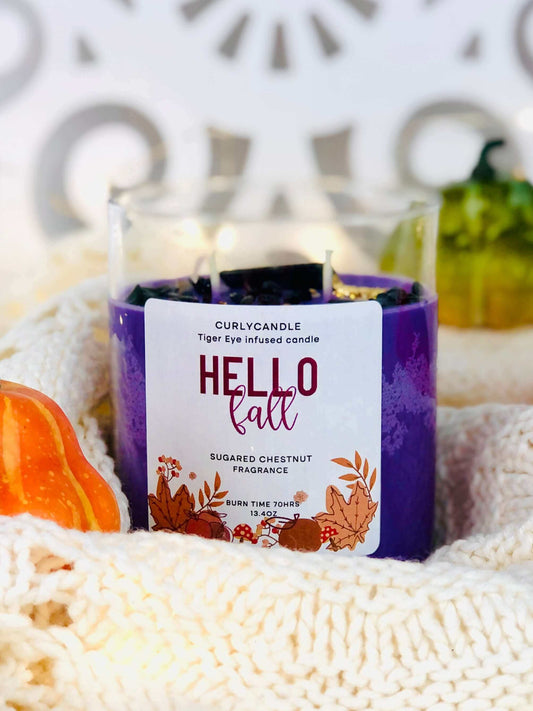 Intention herb and crystal infused candle , Hello Fall crystal candle
