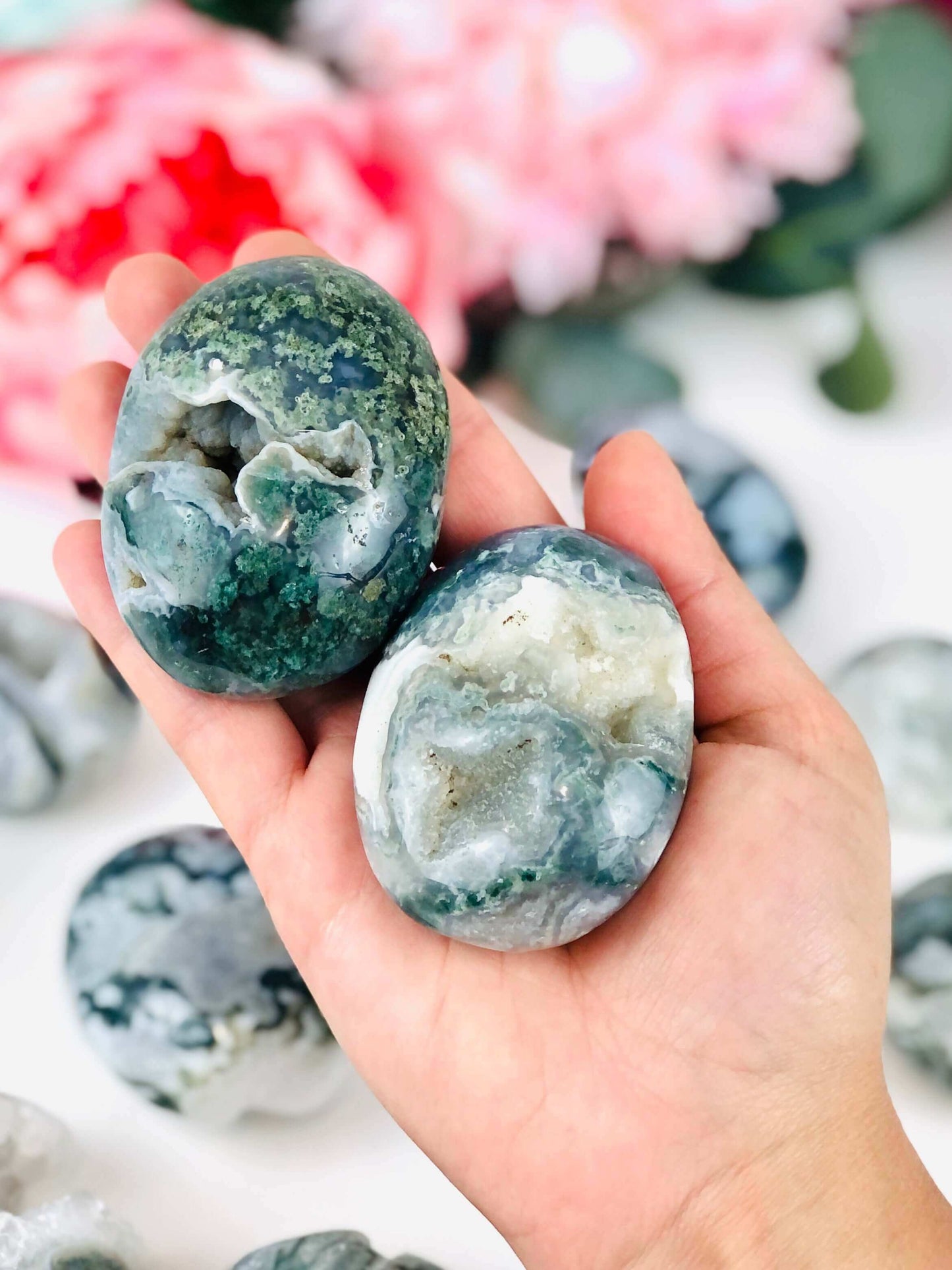 Druzy Moss Agate palm stone