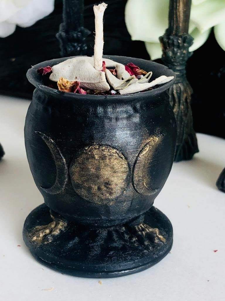 Witch brooms and cauldron - Triple moon ritual candles