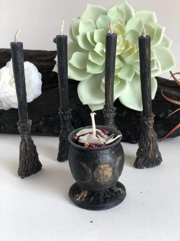 Witch brooms and cauldron - Triple moon ritual candles