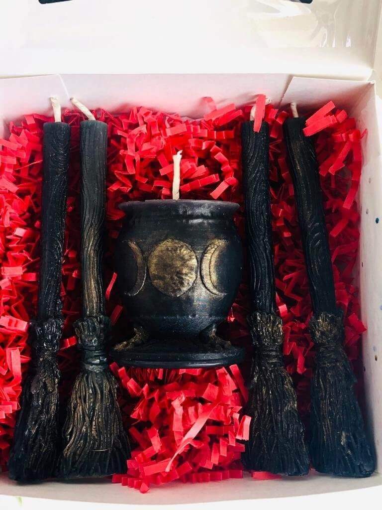 Witch brooms and cauldron - Triple moon ritual candles
